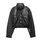 Women’s Zip Front Pocket Cropped Leather Look Jacket