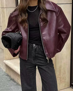 Women’s Zip Front Wide Collar Cropped Leather Look Jacket