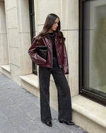 Women’s Zip Front Wide Collar Cropped Leather Look Jacket