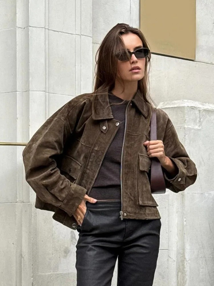 Women’s Zipper Turn-Down Collar Utility Jacket