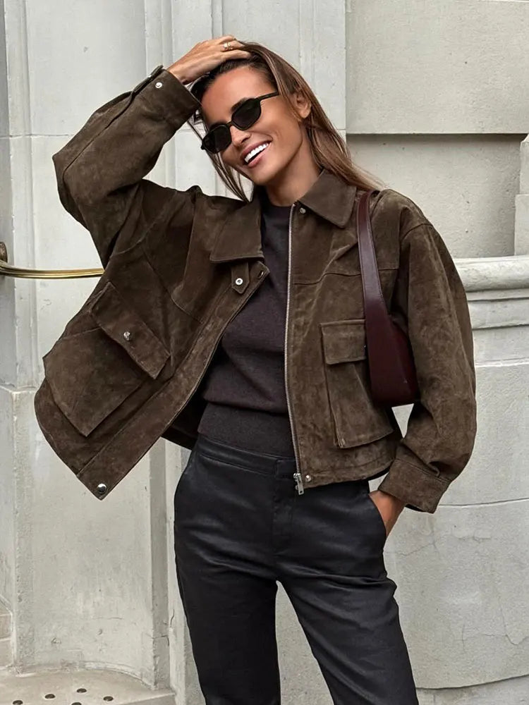 Women’s Zipper Turn-Down Collar Utility Jacket