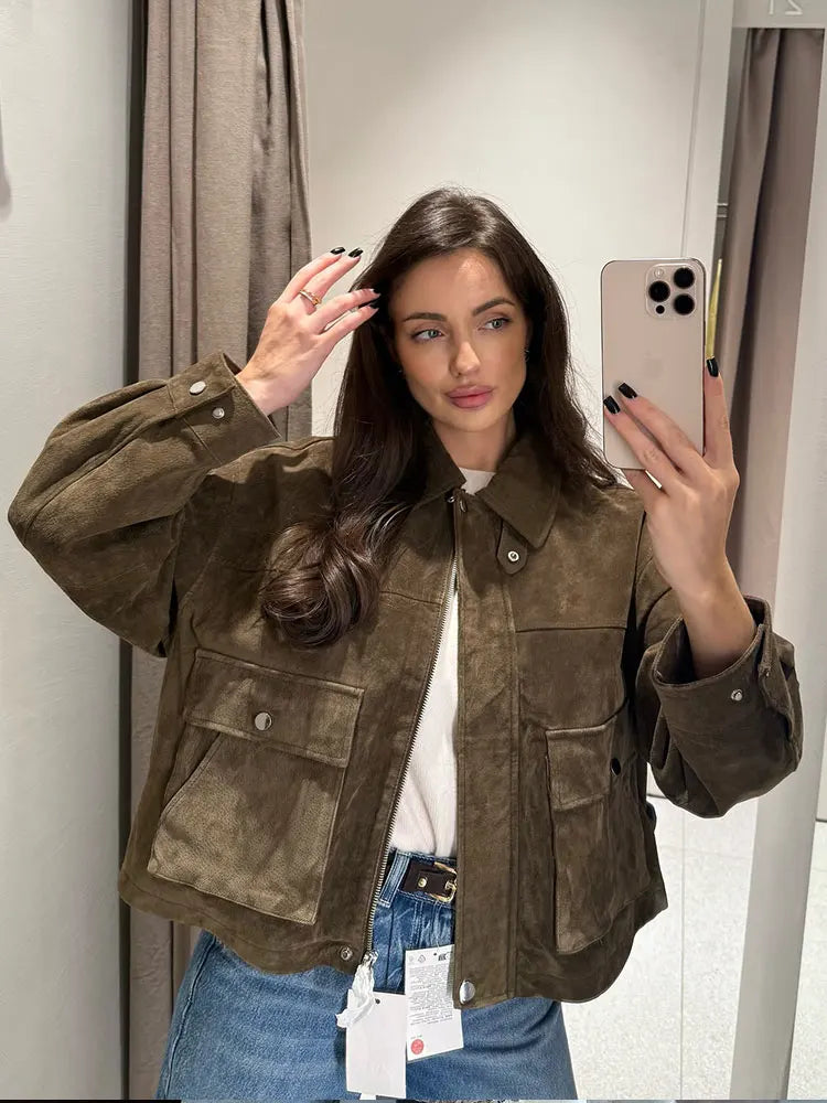 Women’s Zipper Turn-Down Collar Utility Jacket