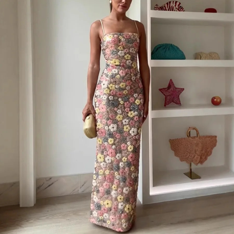 Women's Floral Spaghetti Strap Square Neck Maxi Wedding Guest Dress