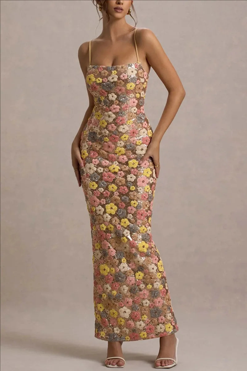Women's Floral Spaghetti Strap Square Neck Maxi Wedding Guest Dress