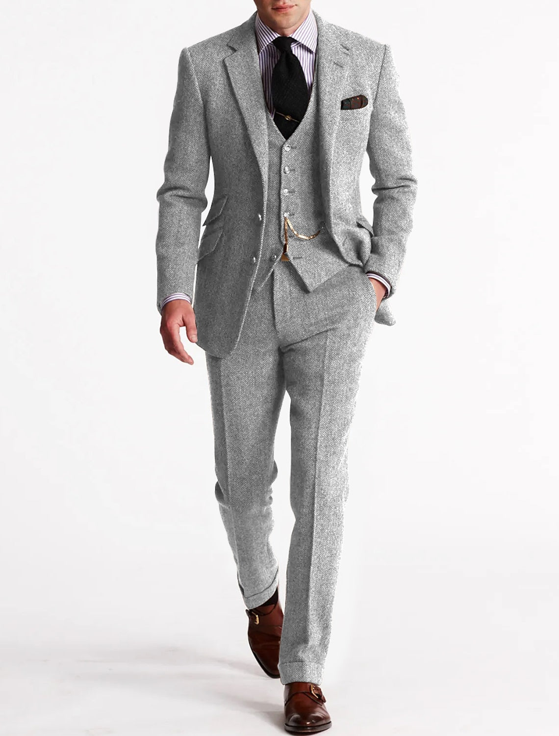 Men’s Tailored Slim Fit Tweed 3-Piece Suit Set
