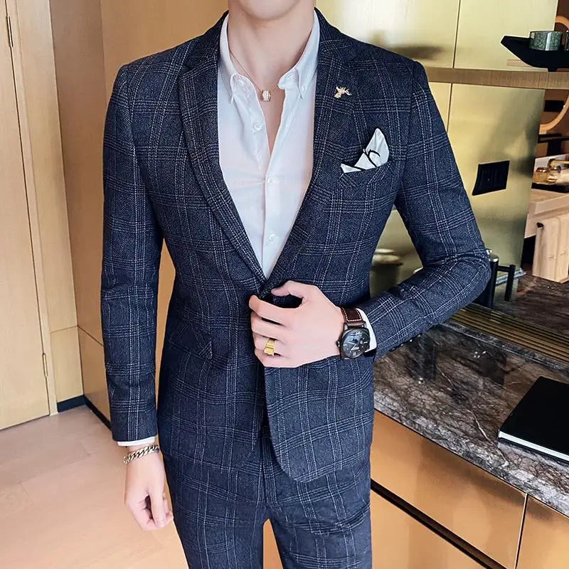 Men’s Notch Lapel Single Breasted Two Piece Check Suit