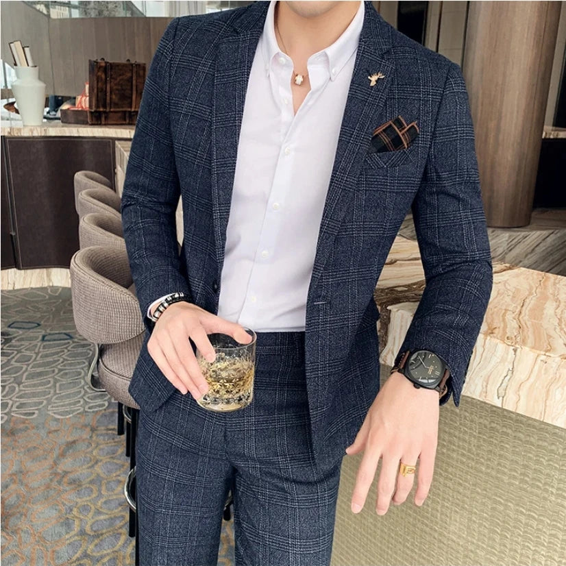 Men’s Notch Lapel Single Breasted Two Piece Check Suit