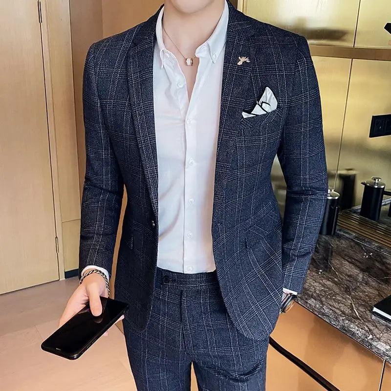 Men’s Notch Lapel Single Breasted Two Piece Check Suit