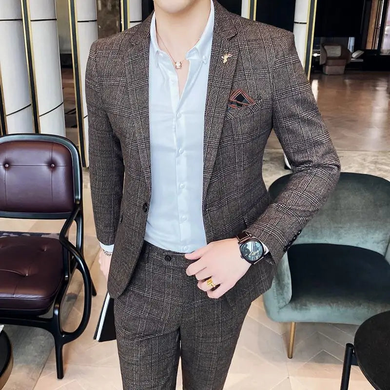 Men’s Notch Lapel Single Breasted Two Piece Check Suit