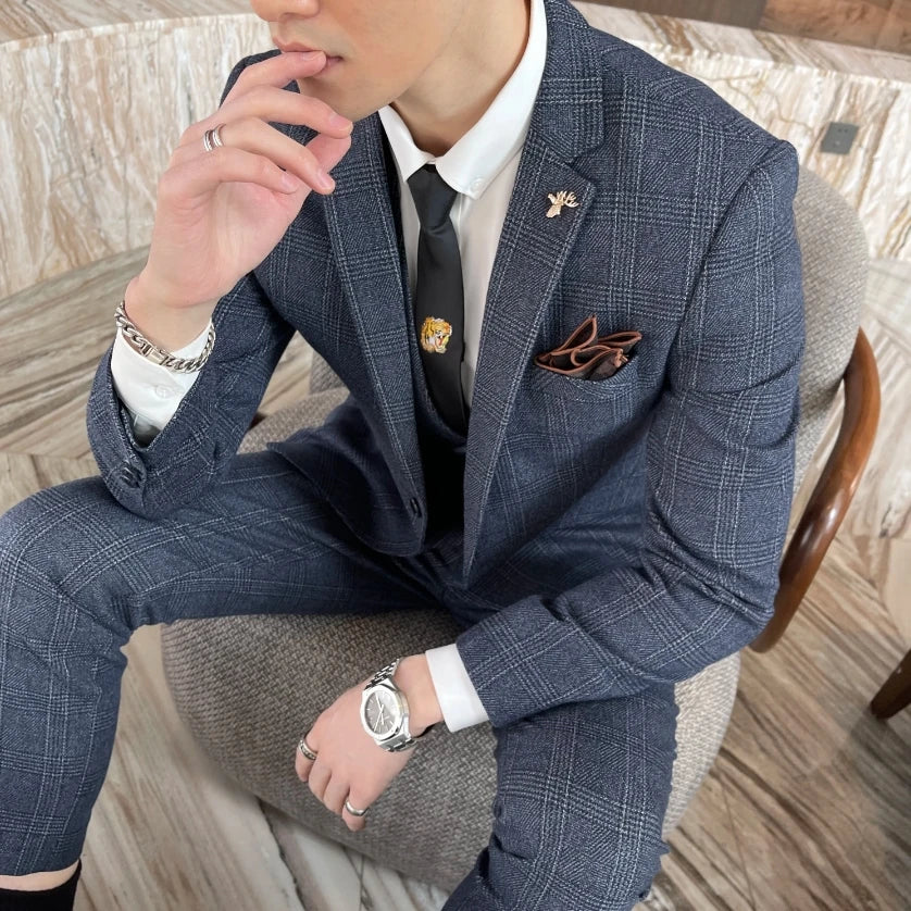 Men’s Three Piece Check Suit with Notch Lapel