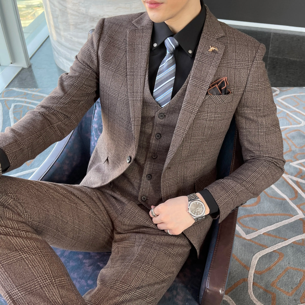 Men’s Three Piece Check Suit with Notch Lapel