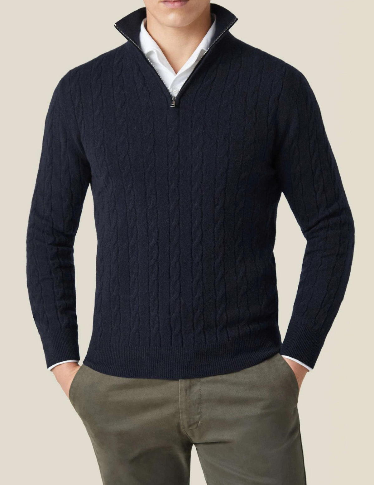 Men’s Cable Knit Half Zip Stand Collar Long Sleeve Sweater