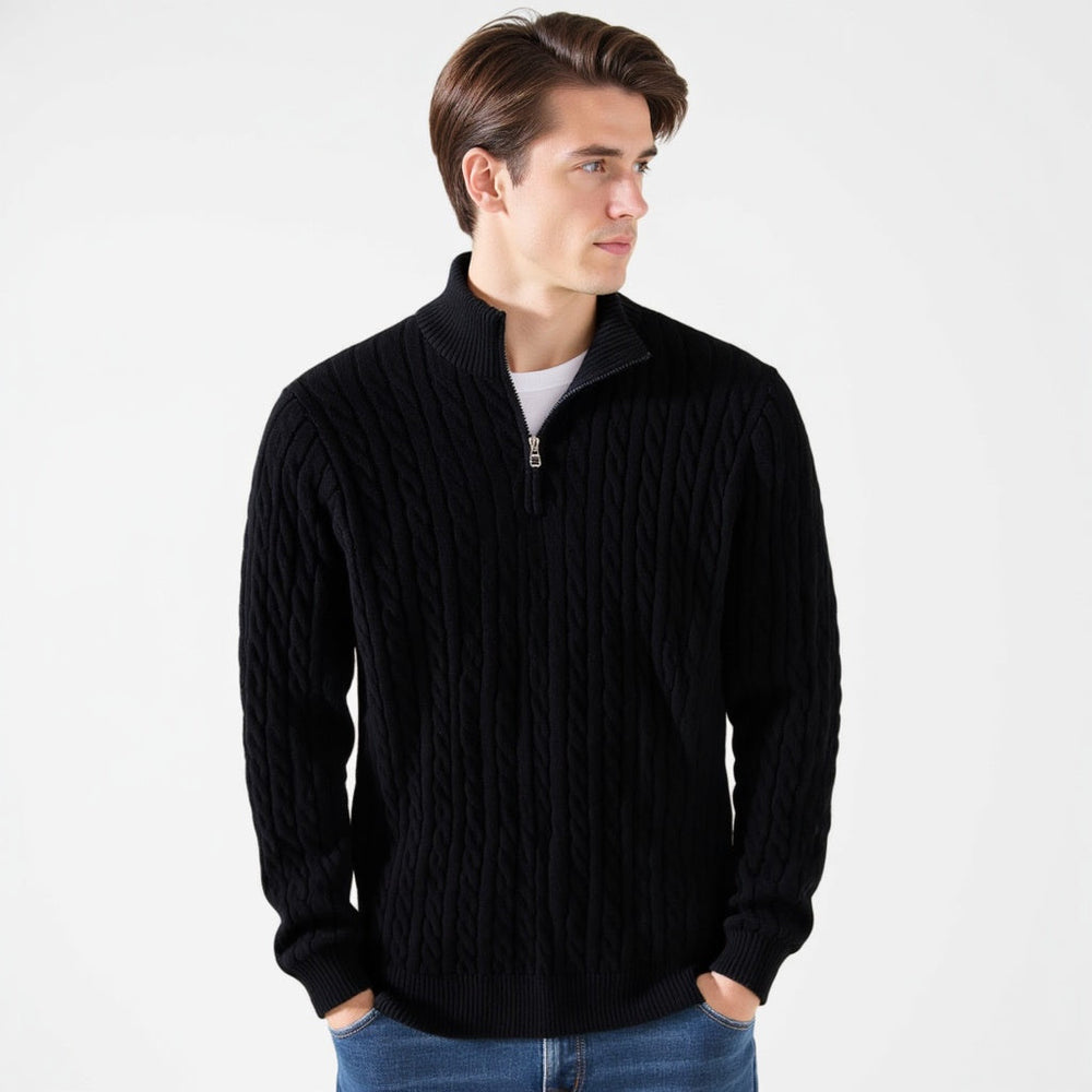 Men’s Cable Knit Quarter Zip Stand Collar Long Sleeve Sweater
