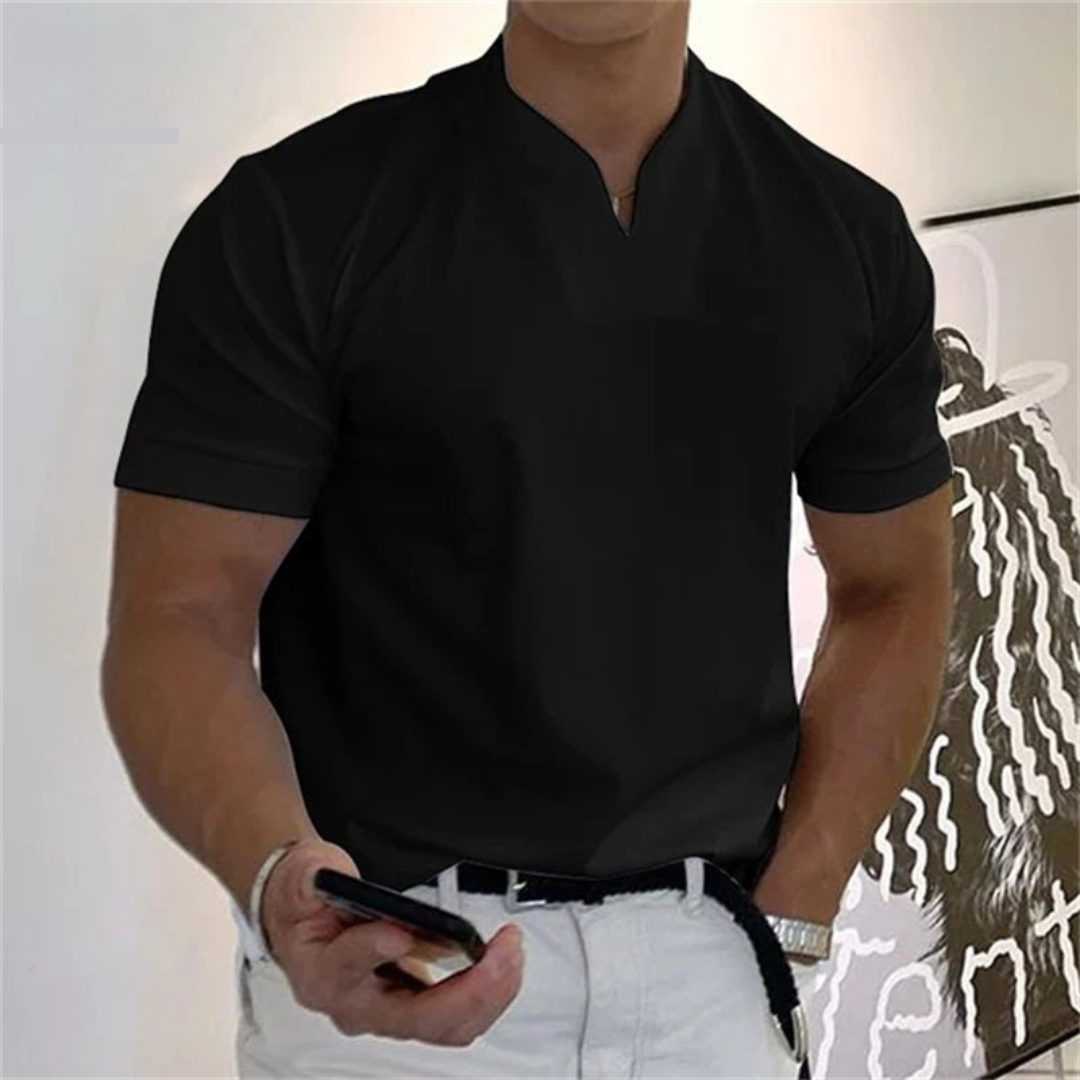 Men's Casual Mandarin Collar Short Sleeve Pullover Shirt