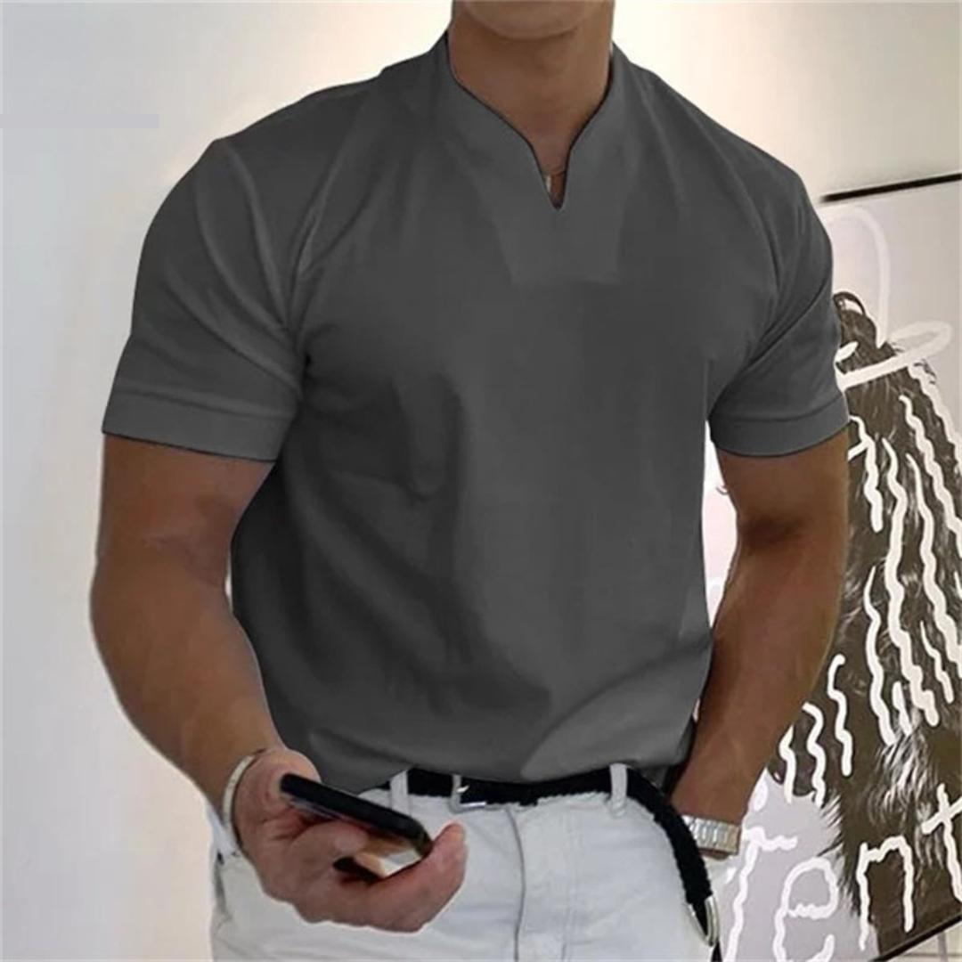 Men's Casual Mandarin Collar Short Sleeve Pullover Shirt