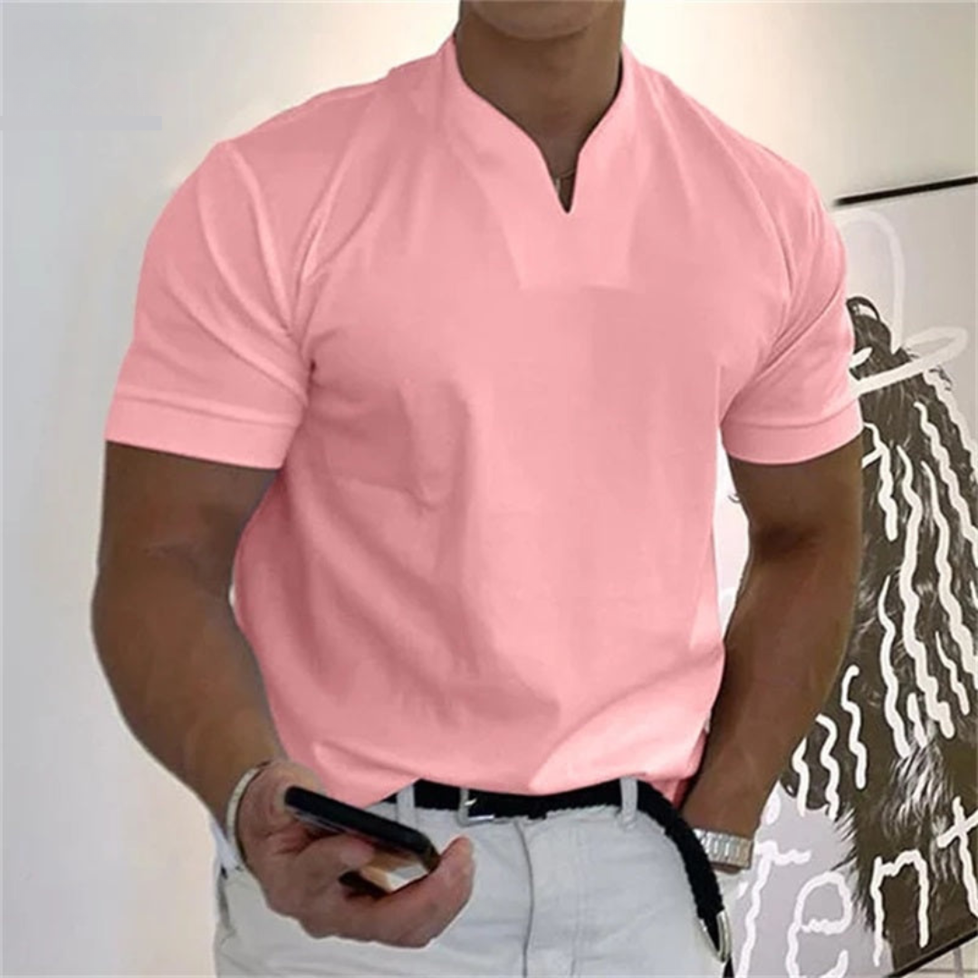 Men's Casual Mandarin Collar Short Sleeve Pullover Shirt