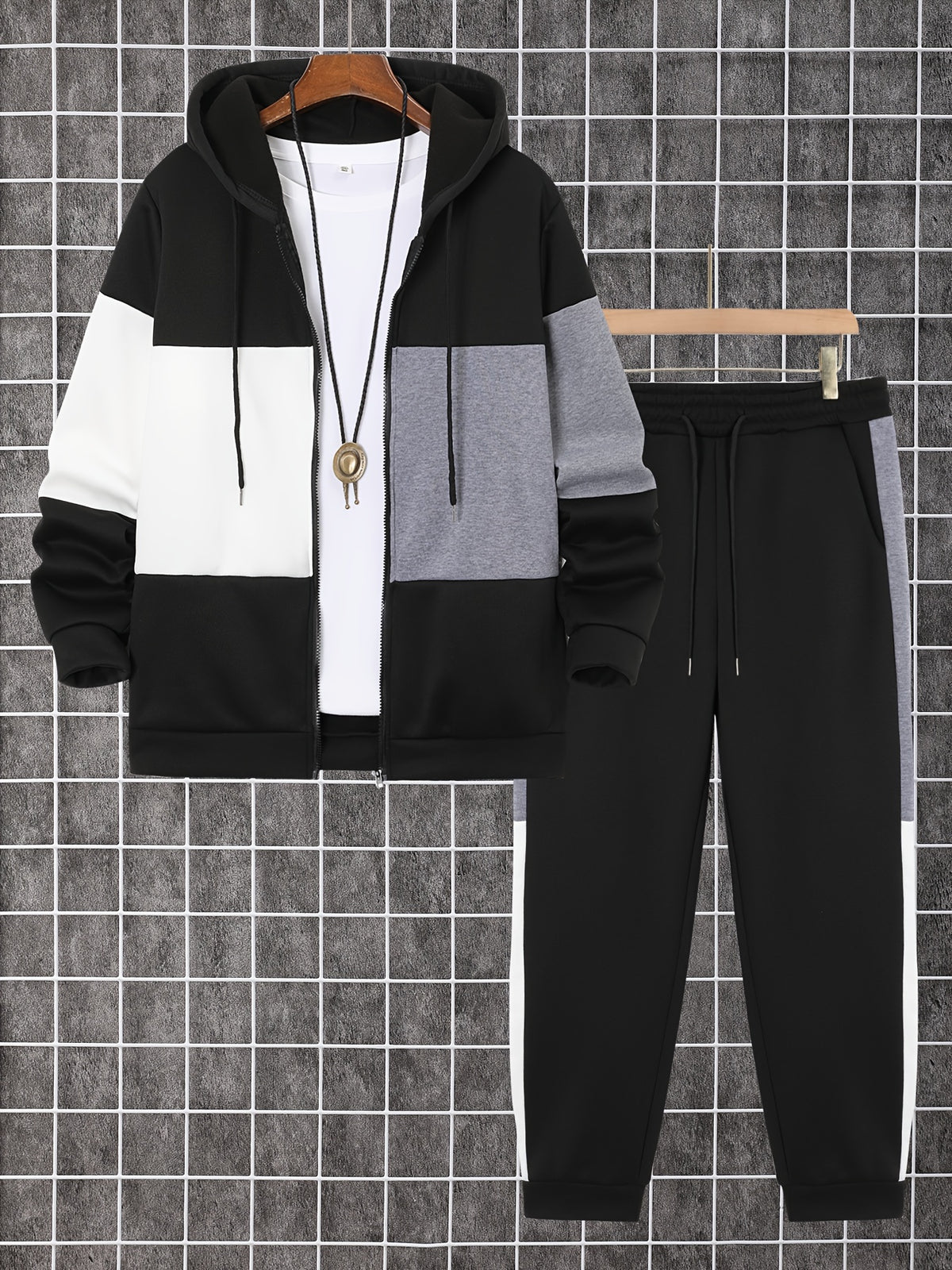 Men’s Color Block Zip Up 2 Piece Tracksuit Set