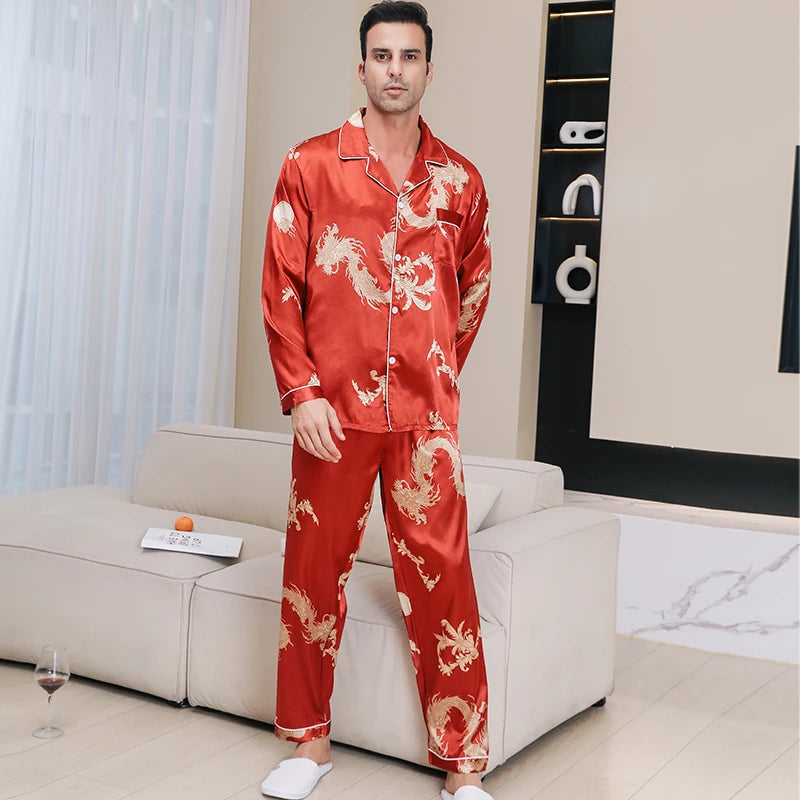 Men’s Dragon Print Long Sleeve Button Front 2 Piece Pajama Set