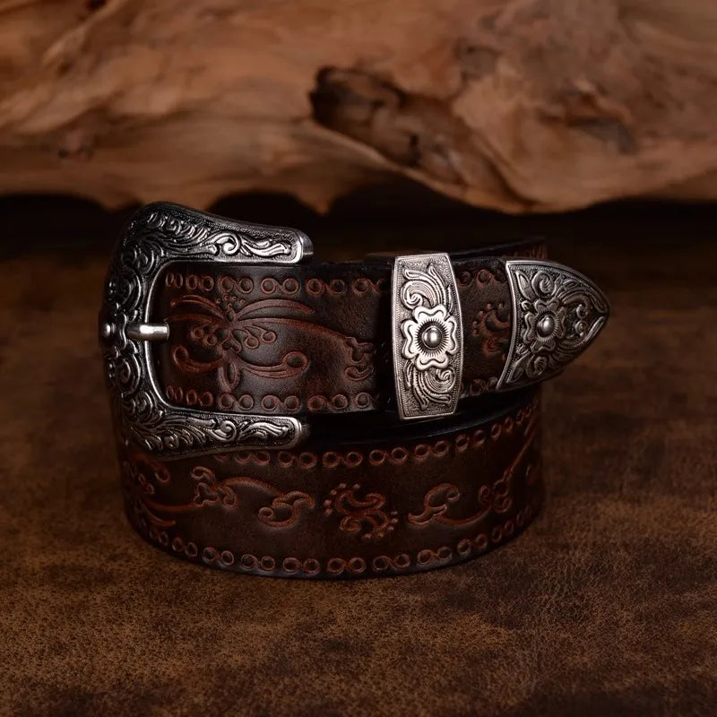 Men’s Engraved Western Belt with Metal Buckle