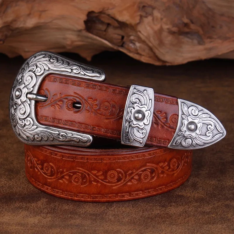 Men’s Engraved Western Belt with Metal Buckle