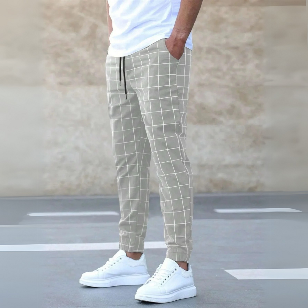 Men’s Grid Print Drawstring Slim Fit Jogger Pants