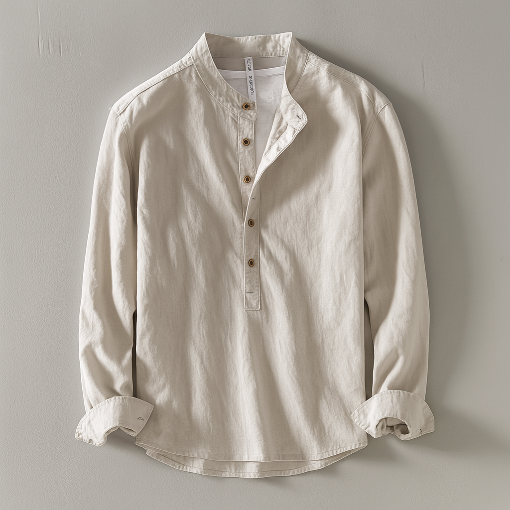 Men's Henley Mandarin Collar Button Front Long Sleeve Pullover Shirt