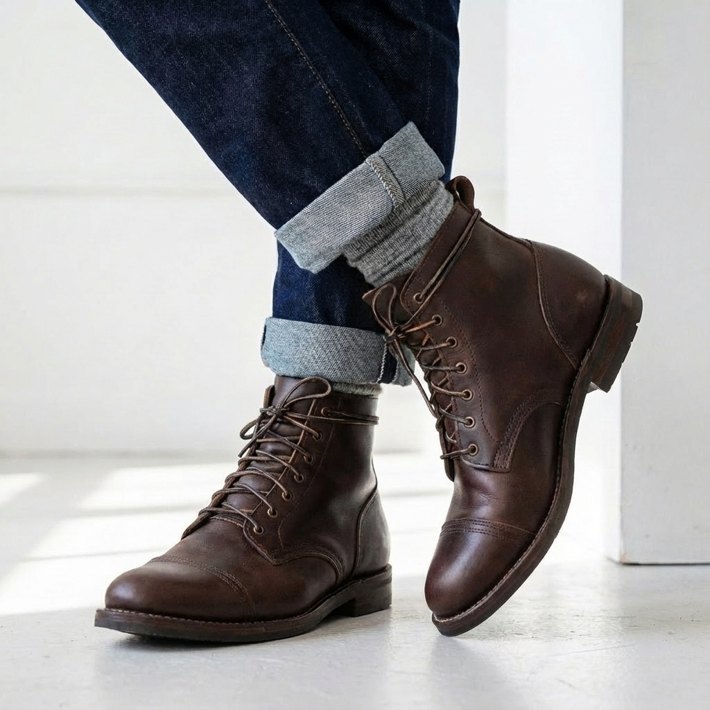 Men’s Lace-Up Distressed Finish Cap Toe Ankle Boots