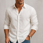 Men's Long Sleeve Button Front Point Collar Curved Hem Shirt