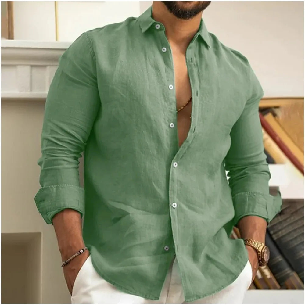 Men's Long Sleeve Button Front Turn Down Collar Rounded Hem Shirt