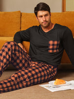 Men’s Long Sleeve Check Pocket 2 Piece Pajama Set