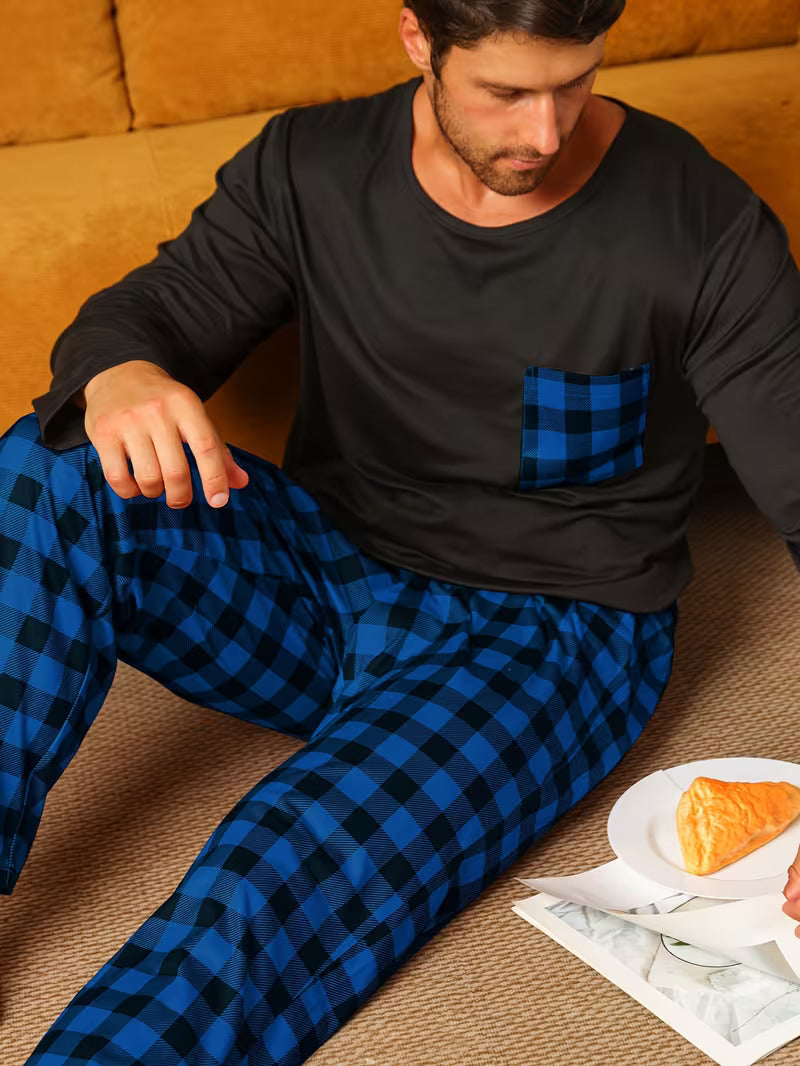 Men’s Long Sleeve Check Pocket 2 Piece Pajama Set