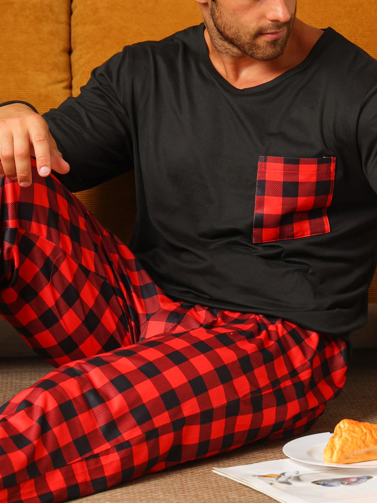 Men’s Long Sleeve Check Pocket 2 Piece Pajama Set