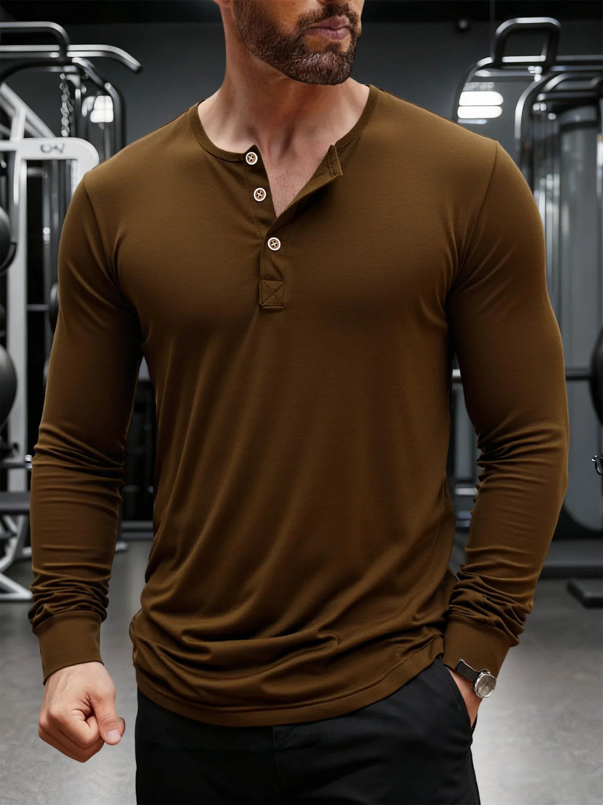 Men’s Long Sleeve Henley Collar T-Shirt
