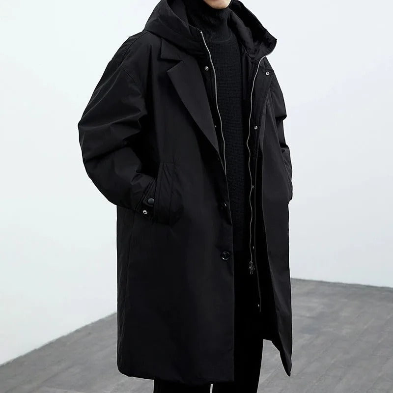 Men's Long Sleeve Lapel Collar Hooded Trench Coat