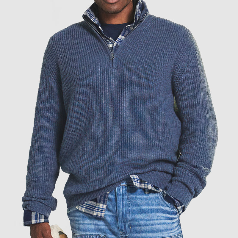 Men's Long Sleeve Stand Collar Quarter Zip Knitted Sweater