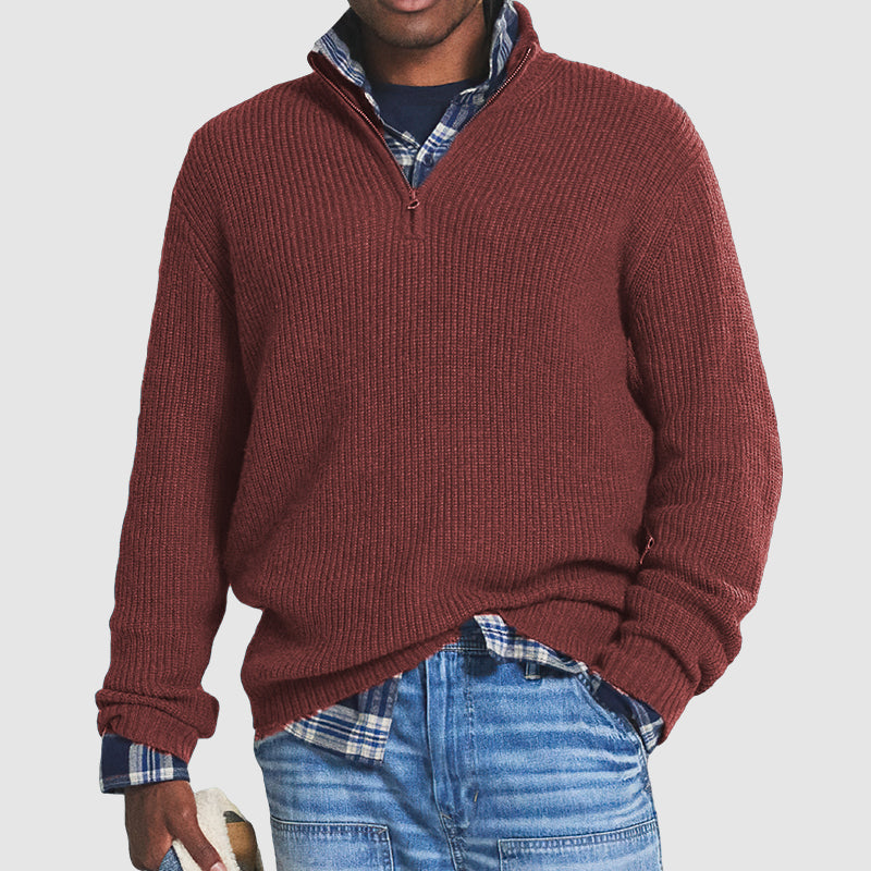 Men's Long Sleeve Stand Collar Quarter Zip Knitted Sweater