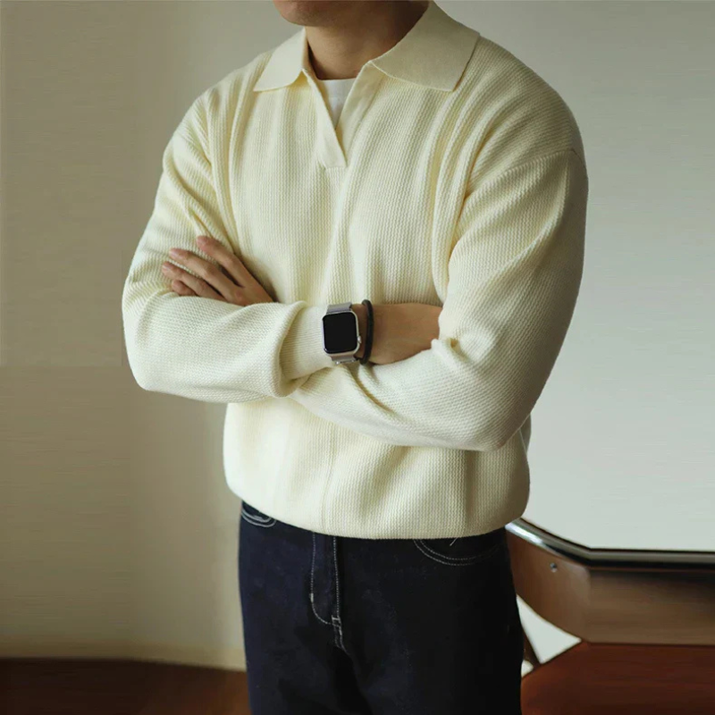 Men's Long Sleeve Textured Polo Sweater