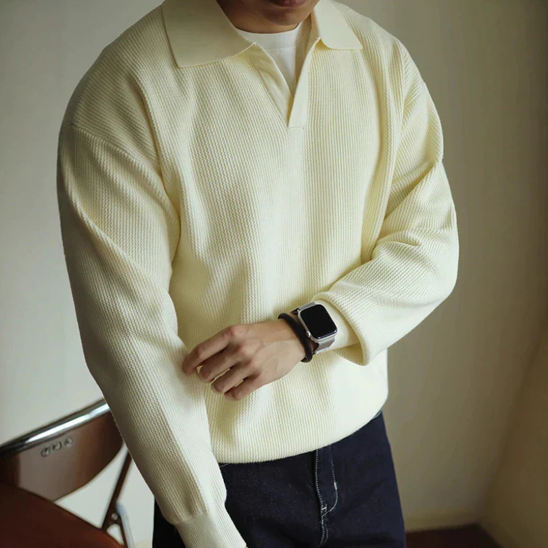 Men's Long Sleeve Textured Polo Sweater