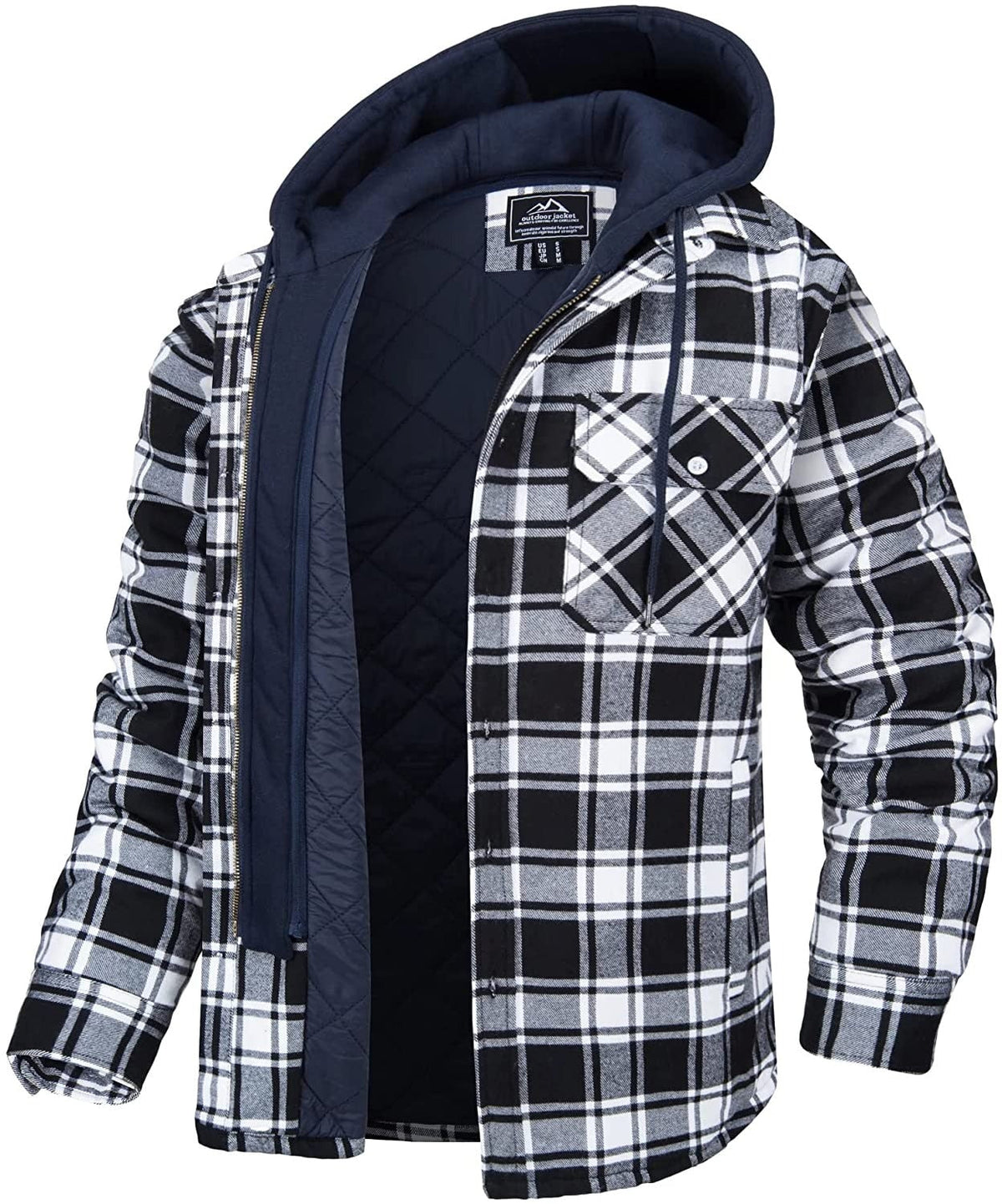 Men's Long Sleeve Zip Front Hooded Flannel Shirt Jacket