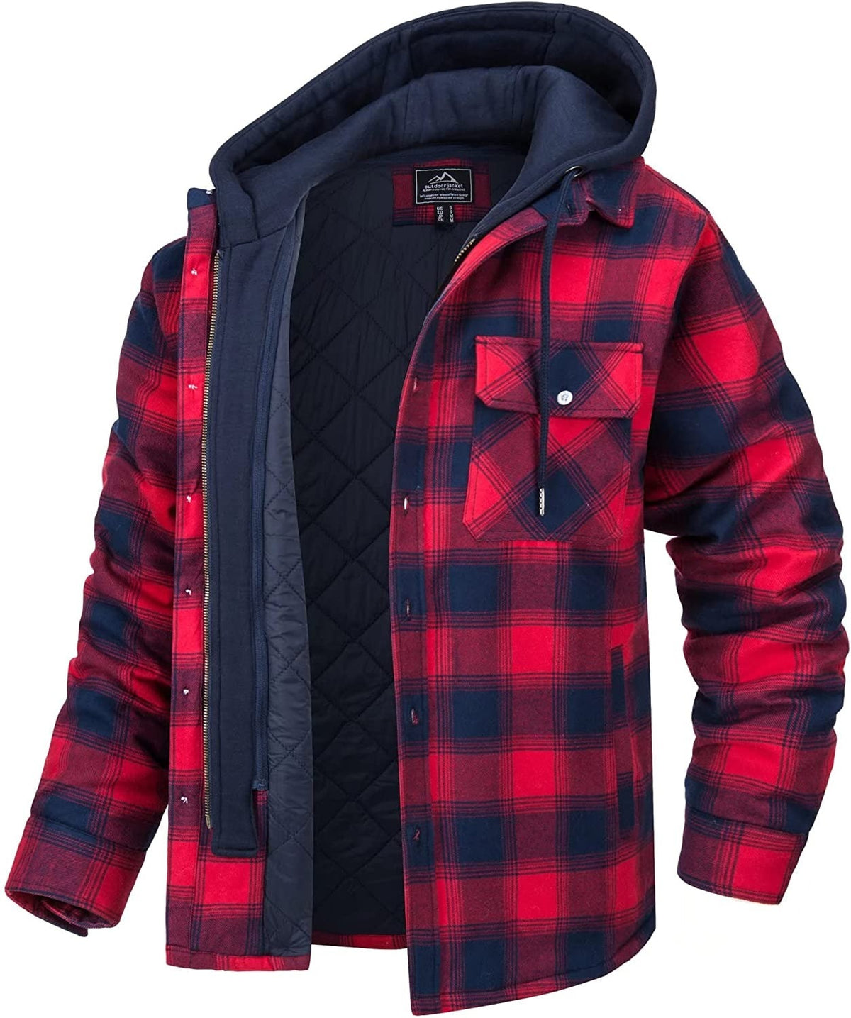 Men's Long Sleeve Zip Front Hooded Flannel Shirt Jacket