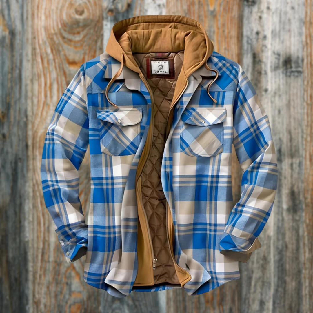 Men's Long Sleeve Zip Front Hooded Quilted Flannel Shirt Jacket