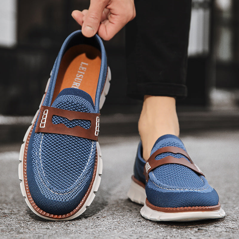 Men's Low Top Knit Pattern Round Toe Slip On Grooved Sole Loafers