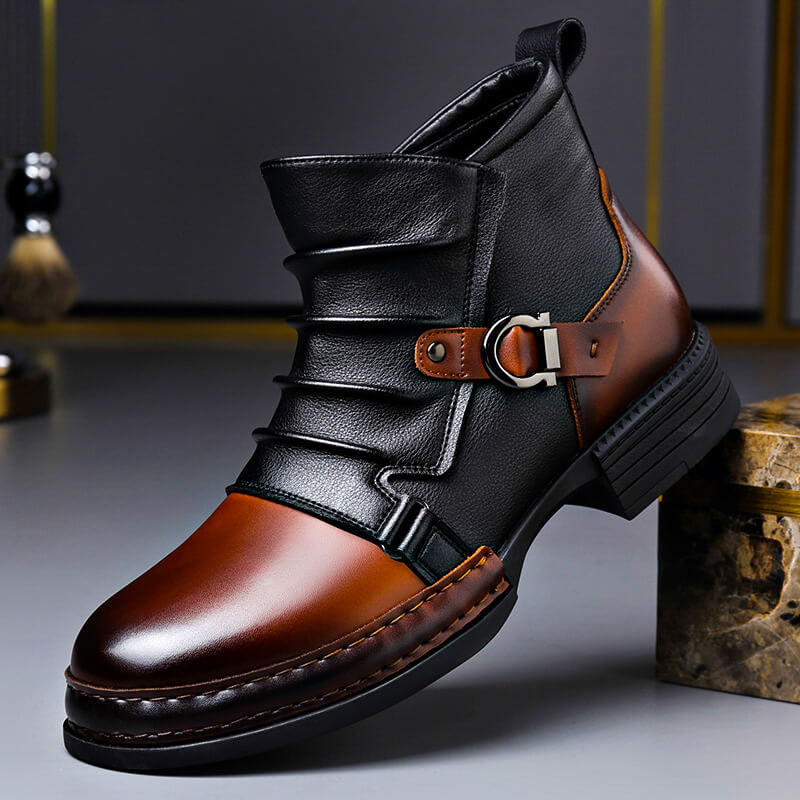 Men's Mixed-Texture Slip-On Buckled Ankle Boots