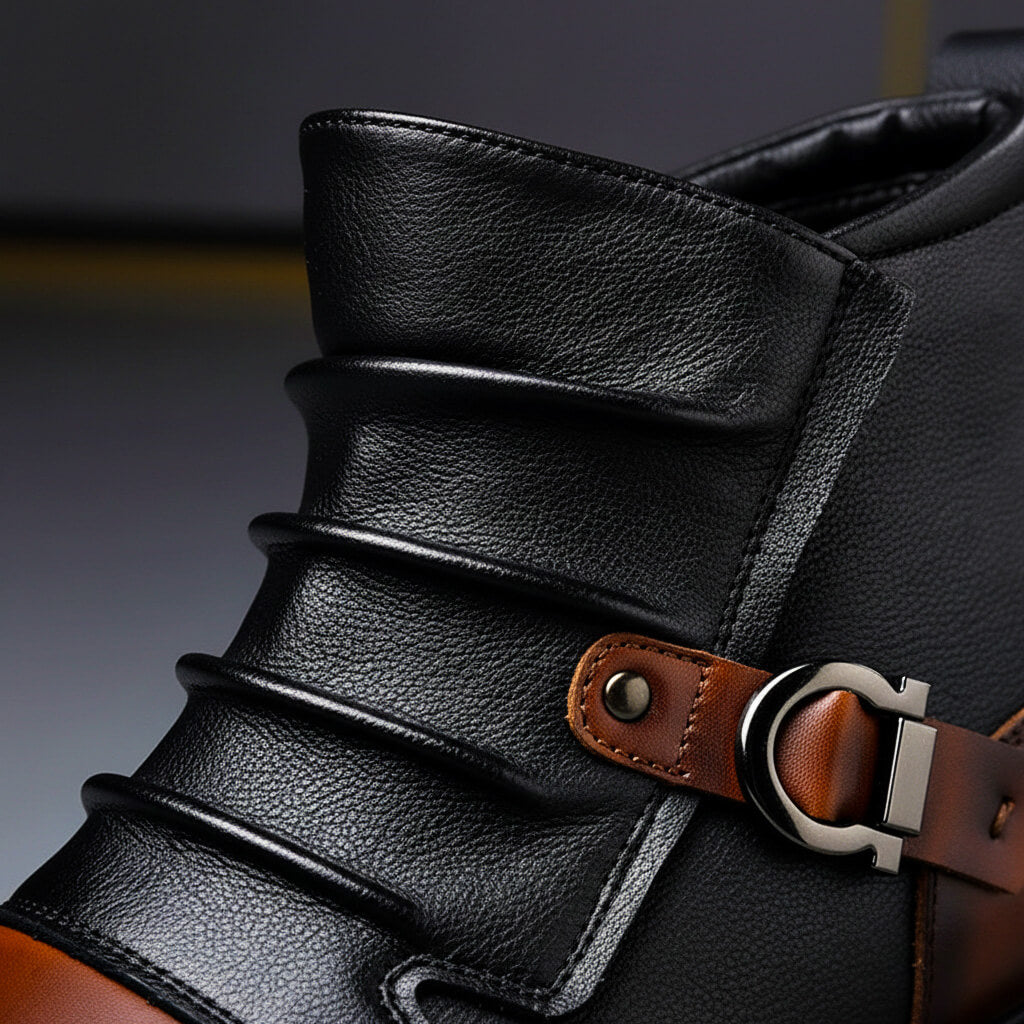 Men's Mixed-Texture Slip-On Buckled Ankle Boots