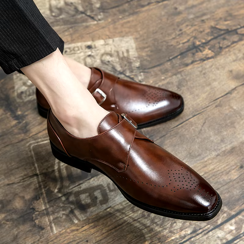 Men's Monk Strap Perforated Buckle Pointed Toe Dress Shoes