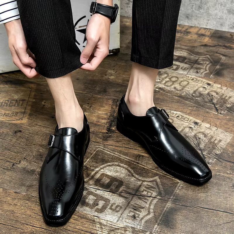 Men's Monk Strap Perforated Buckle Pointed Toe Dress Shoes