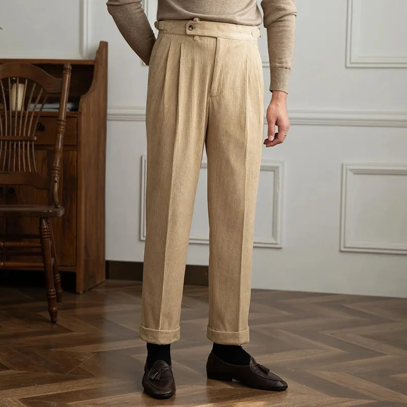 Men's Pleated Side Button Cuffed Hem Straight Leg Corduroy Pants