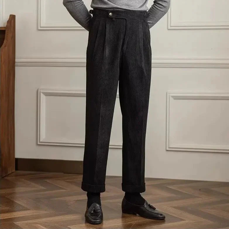 Men's Pleated Side Button Cuffed Hem Straight Leg Corduroy Pants