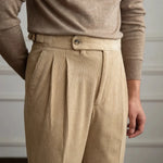 Men's Pleated Side Button Cuffed Hem Straight Leg Corduroy Pants