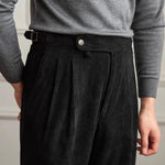 Men's Pleated Side Button Cuffed Hem Straight Leg Corduroy Pants